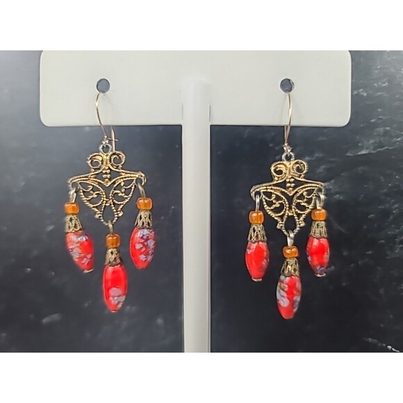 Glass Beaded Dangling Pierced Earrings Vintage - Picture 2 of 10